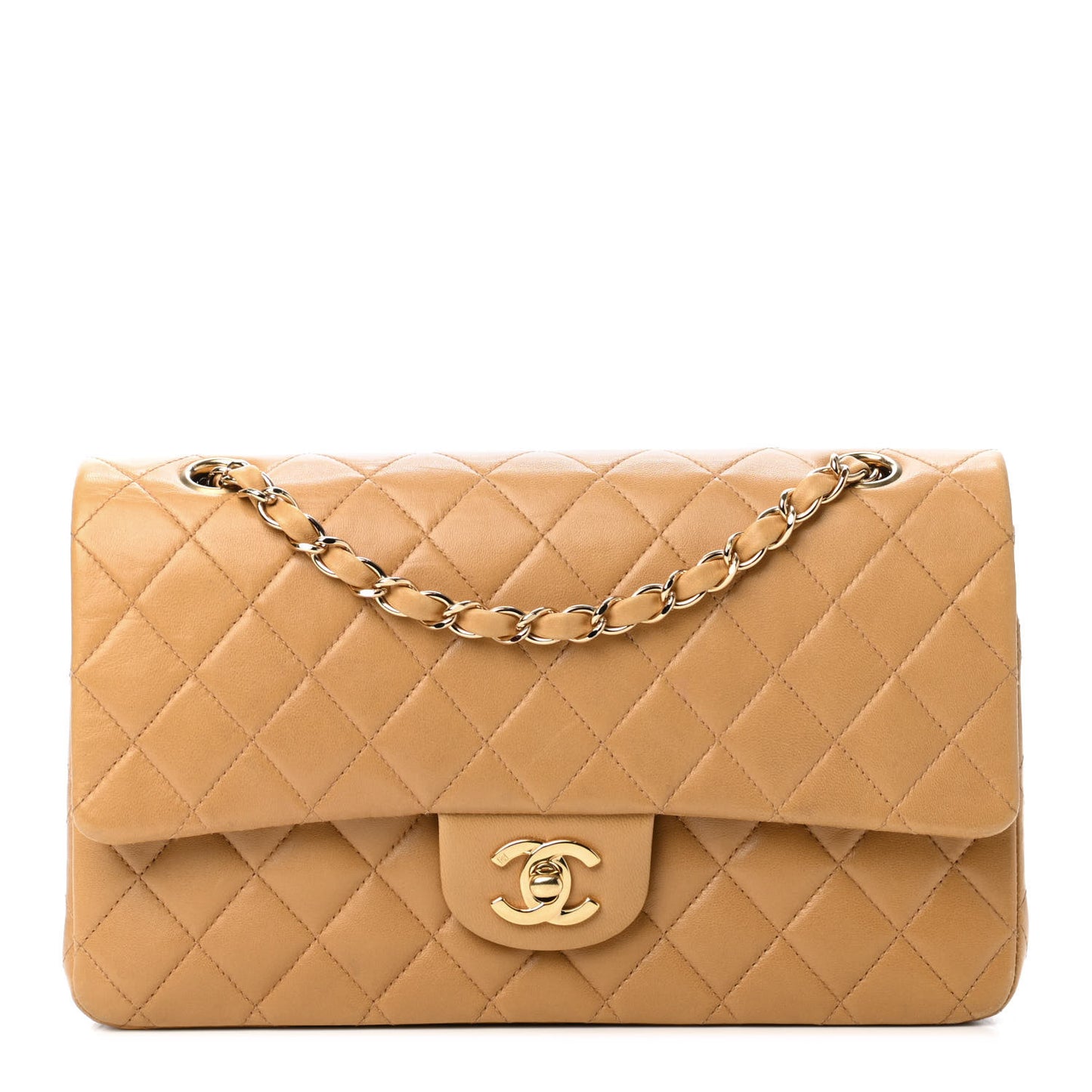Lambskin Quilted Medium Double Flap Beige