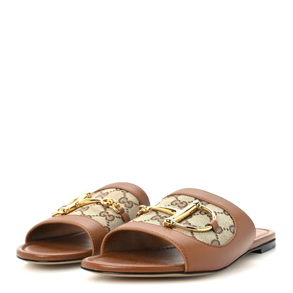 Gucci Calfskin Monogram Horsebit Womens Slide Sandals 38 Sundial Beige Ebony 4 of 10