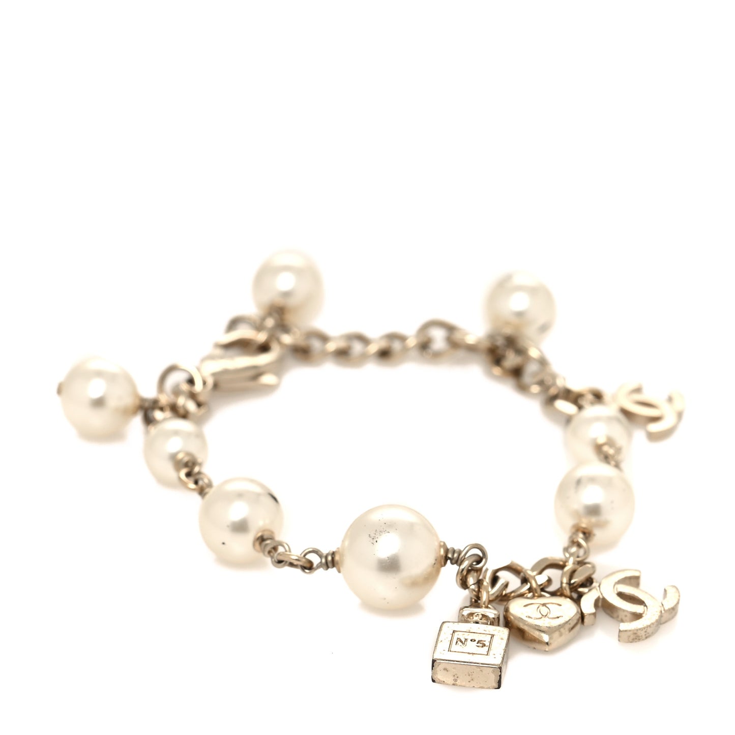 Crystal Pearl Perfume Bottle CC Charm Bracelet Gold White