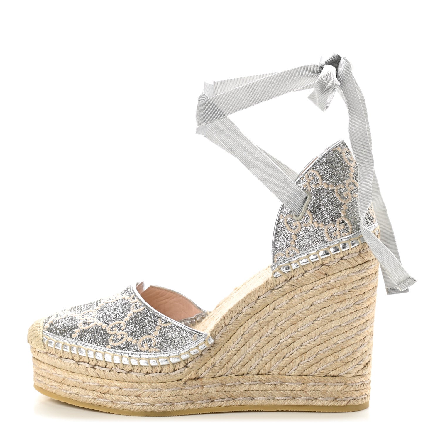 Gucci Lame GG Monogram Ankle Wrap Platform Espadrille Wedges 39 Silver Beige Light Grey 1 of 9