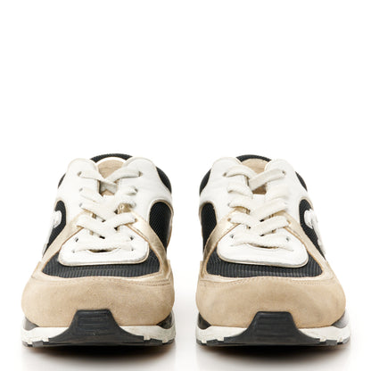 Chanel Mesh Suede Calfskin Grained Calfskin Womens CC Sneakers 37 White Black Beige Gold 3 of 9