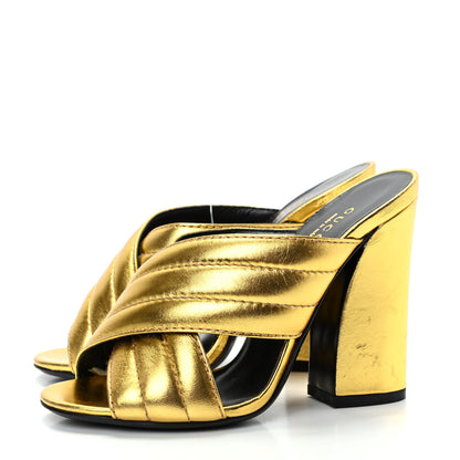 Gucci Metallic Nappa Webby Crossover High Heel Slide Sandals 35 Oro Vecchio 3 of 9