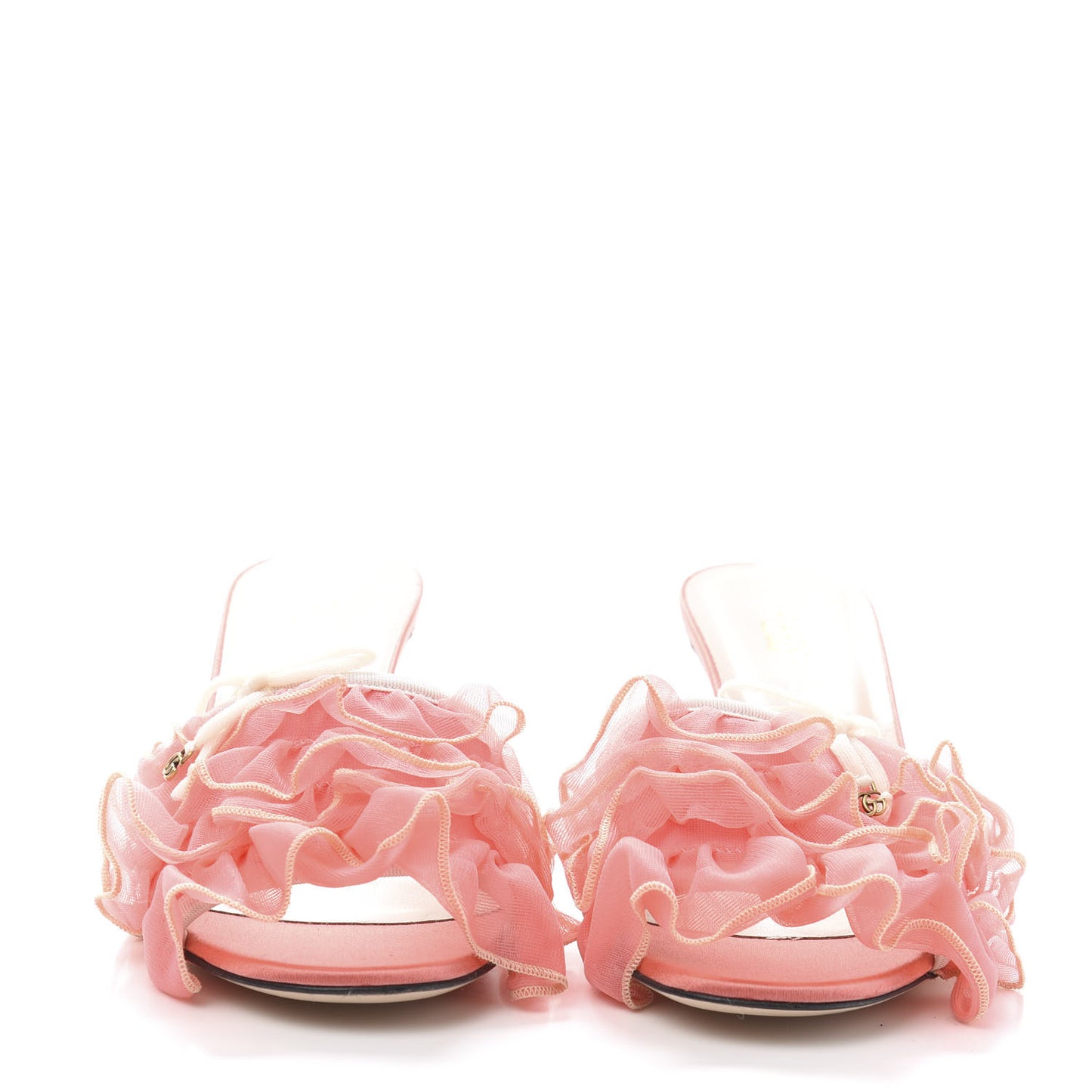 Tulle Ruffle Low Heel Slide Sandals 37 Peach Mystic White