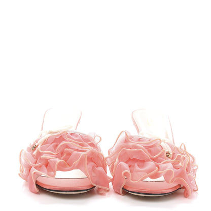 Gucci Tulle Ruffle Low Heel Slide Sandals 37 Peach Mystic White 2 of 9