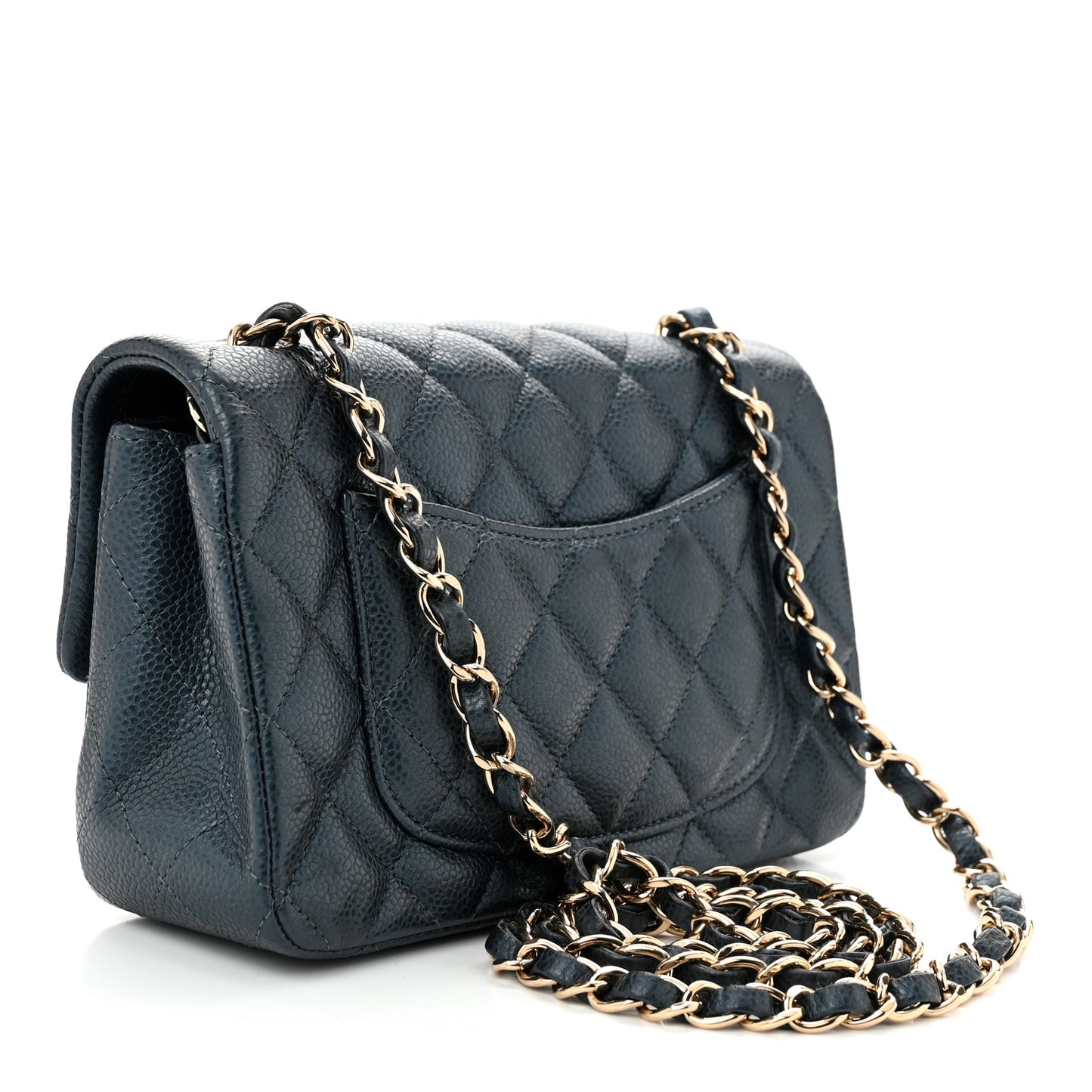 Iridescent  Caviar Quilted Mini Rectangular Flap  Dark Blue