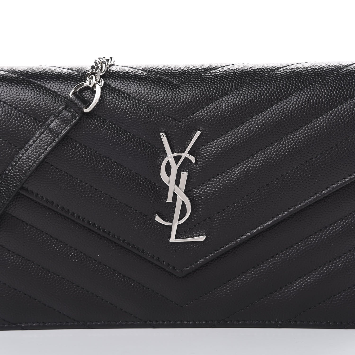 Saint Laurent Grain De Poudre Matelasse Chevron Monogram Envelope Chain Wallet Black 9 of 10