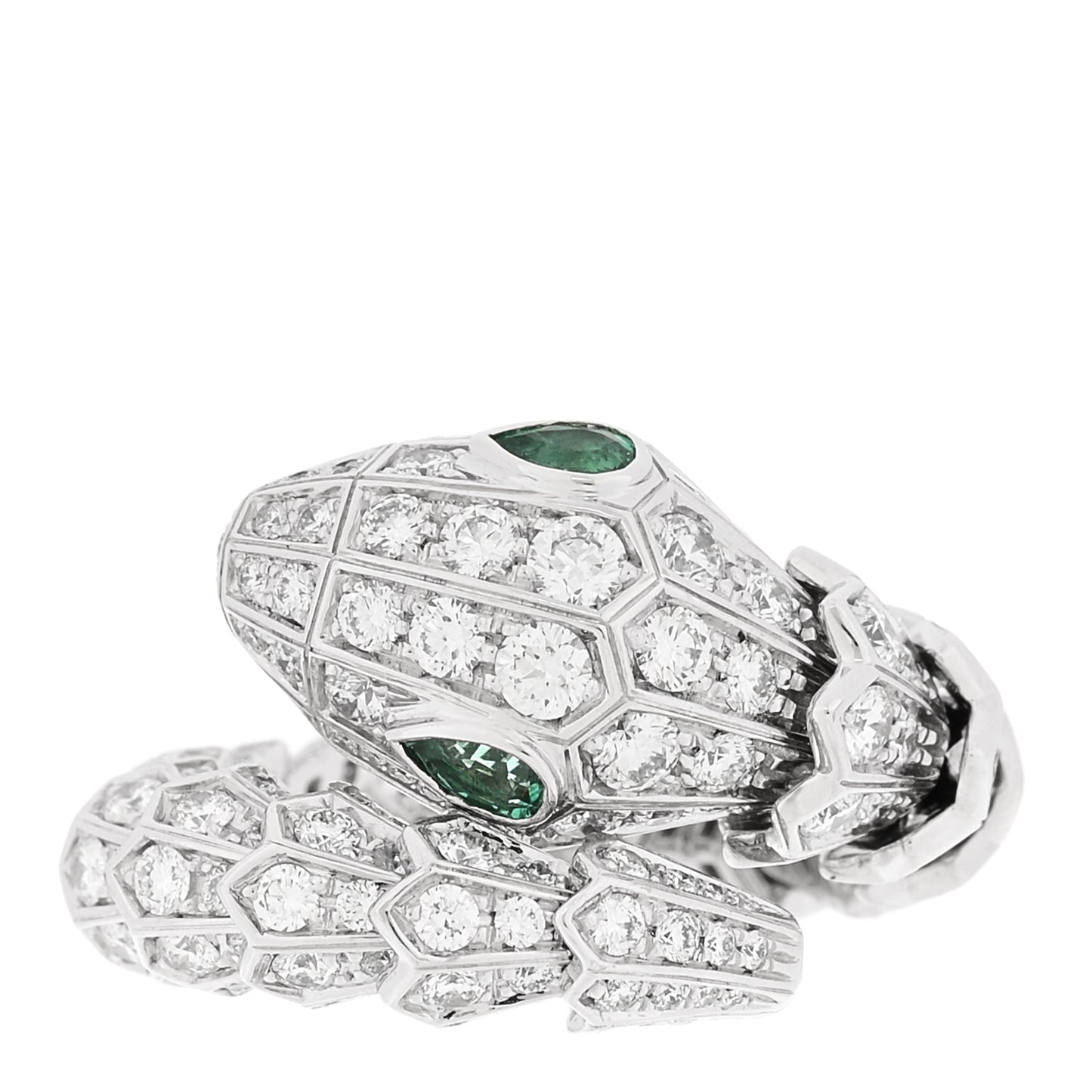 18K White Gold Diamond Emerald Serpenti Pave Ring S