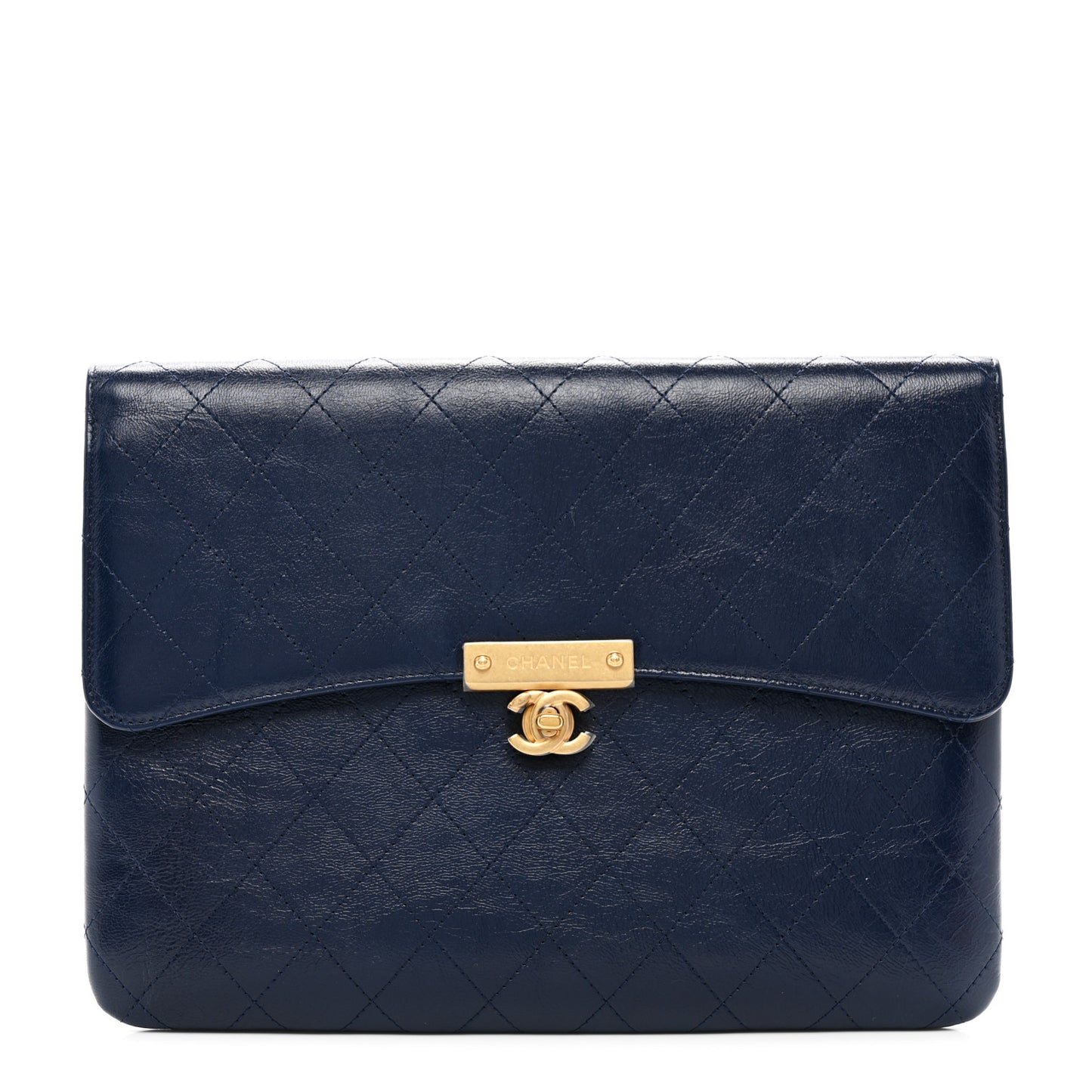 Goatskin Stitched Golden CC Flap Clutch Navy
