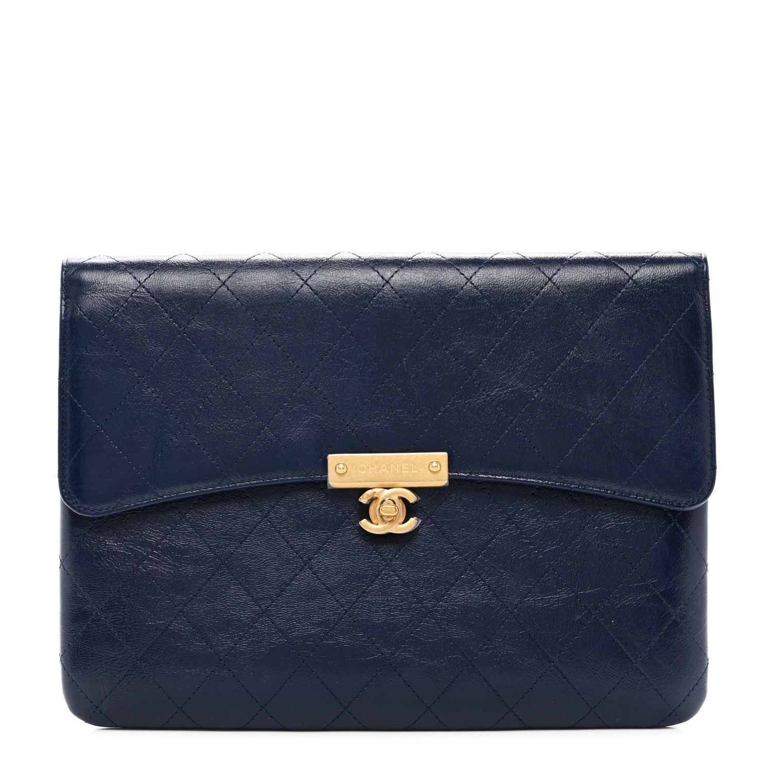 Chanel Goatskin Stitched Golden CC Flap Clutch Navy 1 of 9