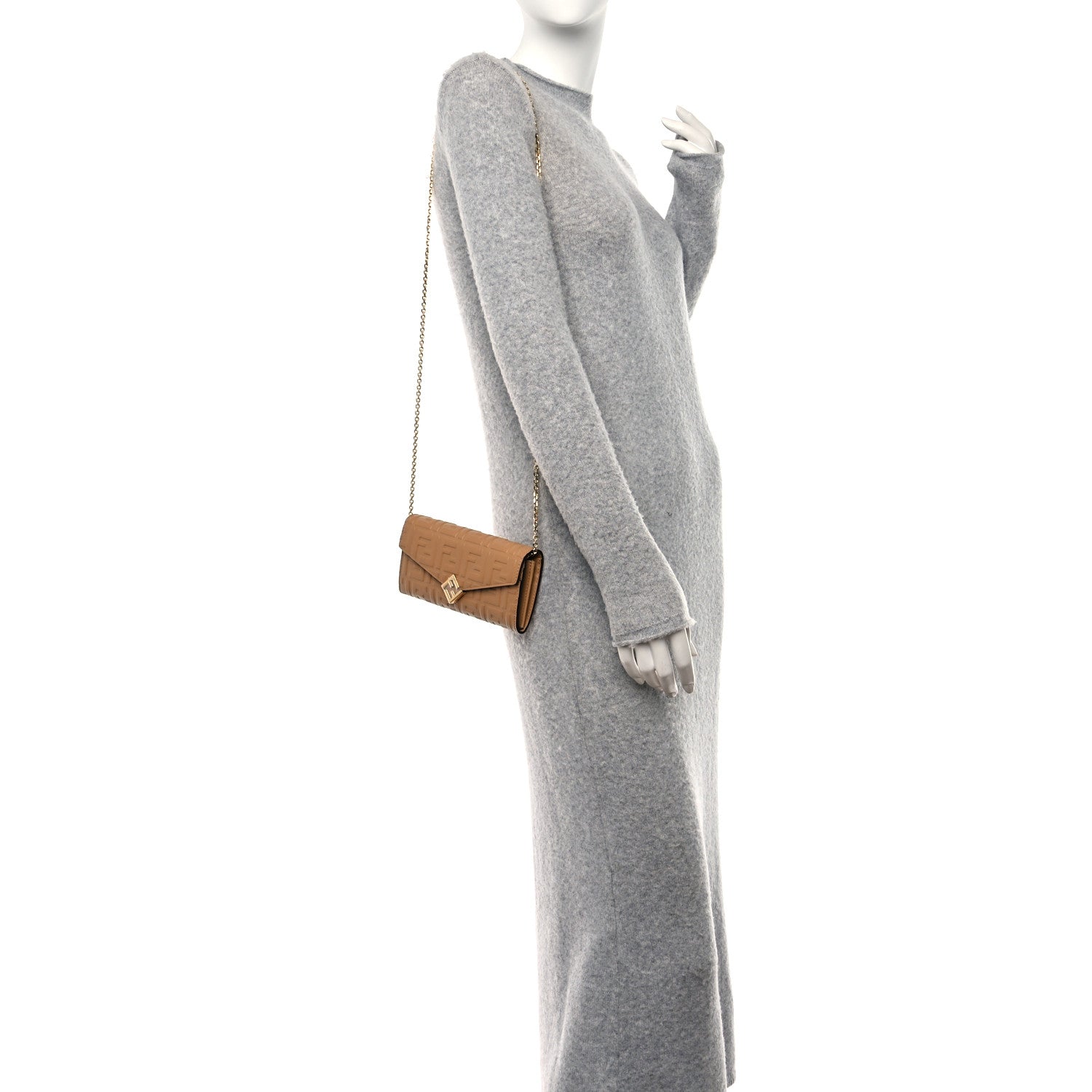 Fendi Vitello Soft F is Fendi Bi-Color FF 1974 Embossed Continental Envelope Wallet On Chain Miele Scuro 2 of 10