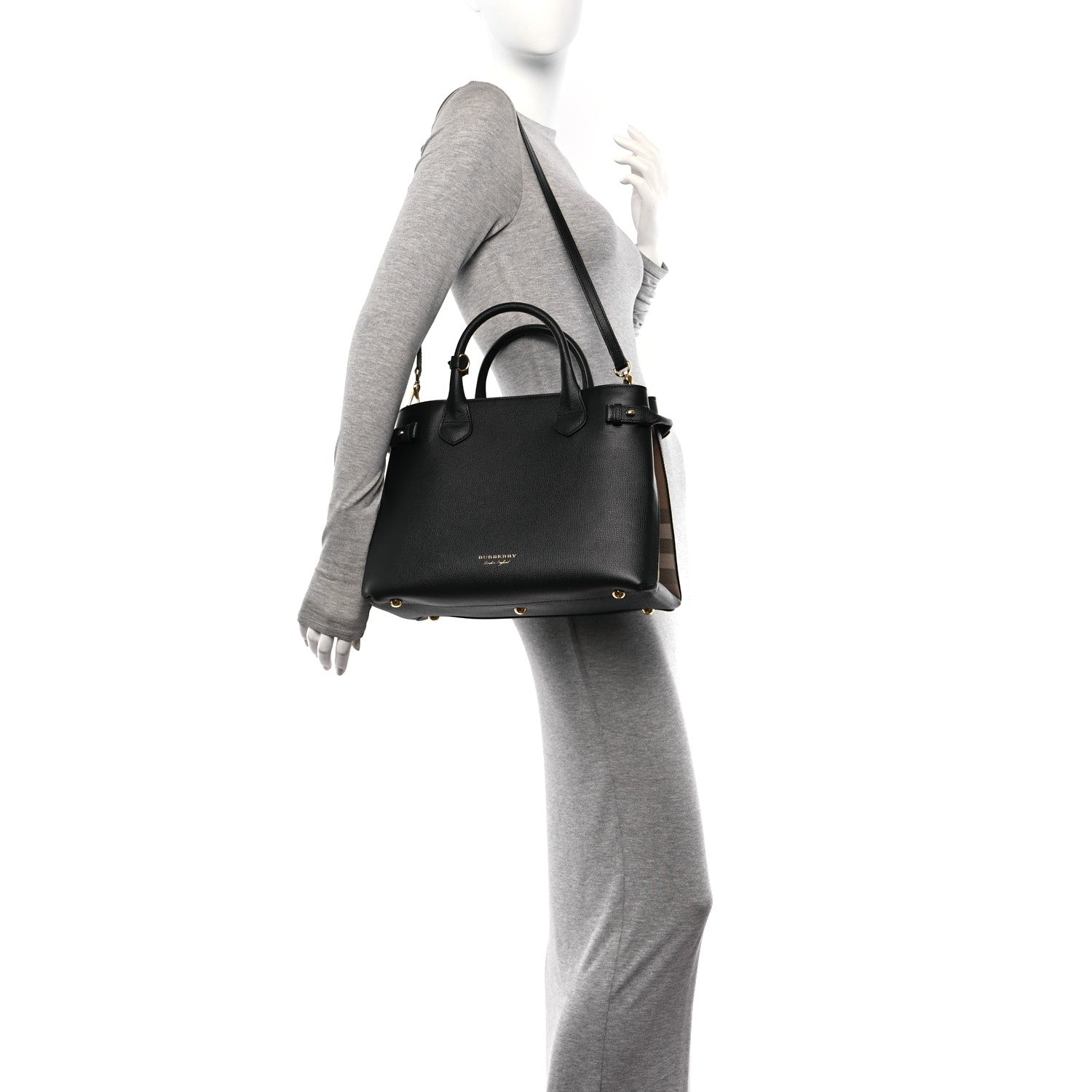 Burberry Derby Calfskin House Check Medium Banner Tote Black 3 of 10