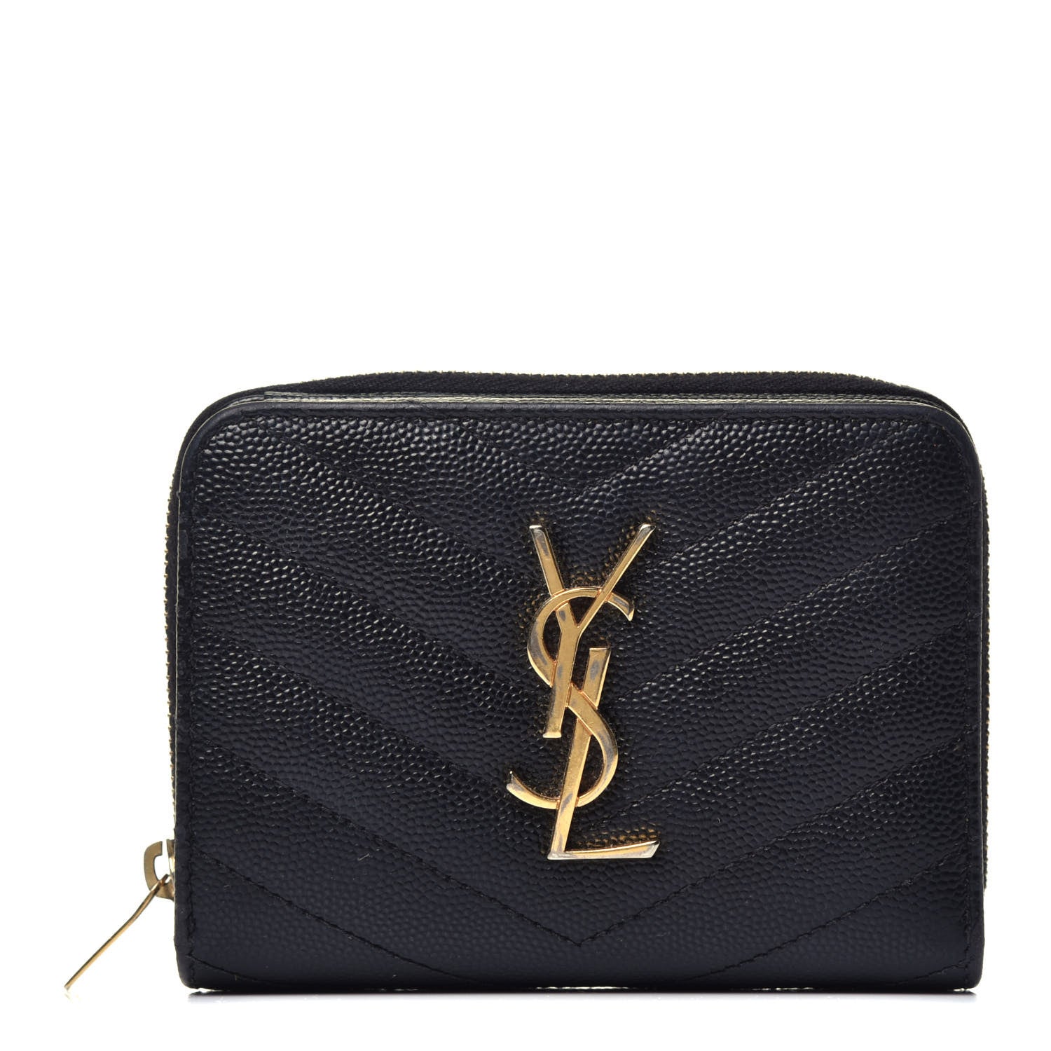 Saint Laurent Grain De Poudre Matelasse Chevron Monogram Compact Zip Around Wallet Black 1 of 6