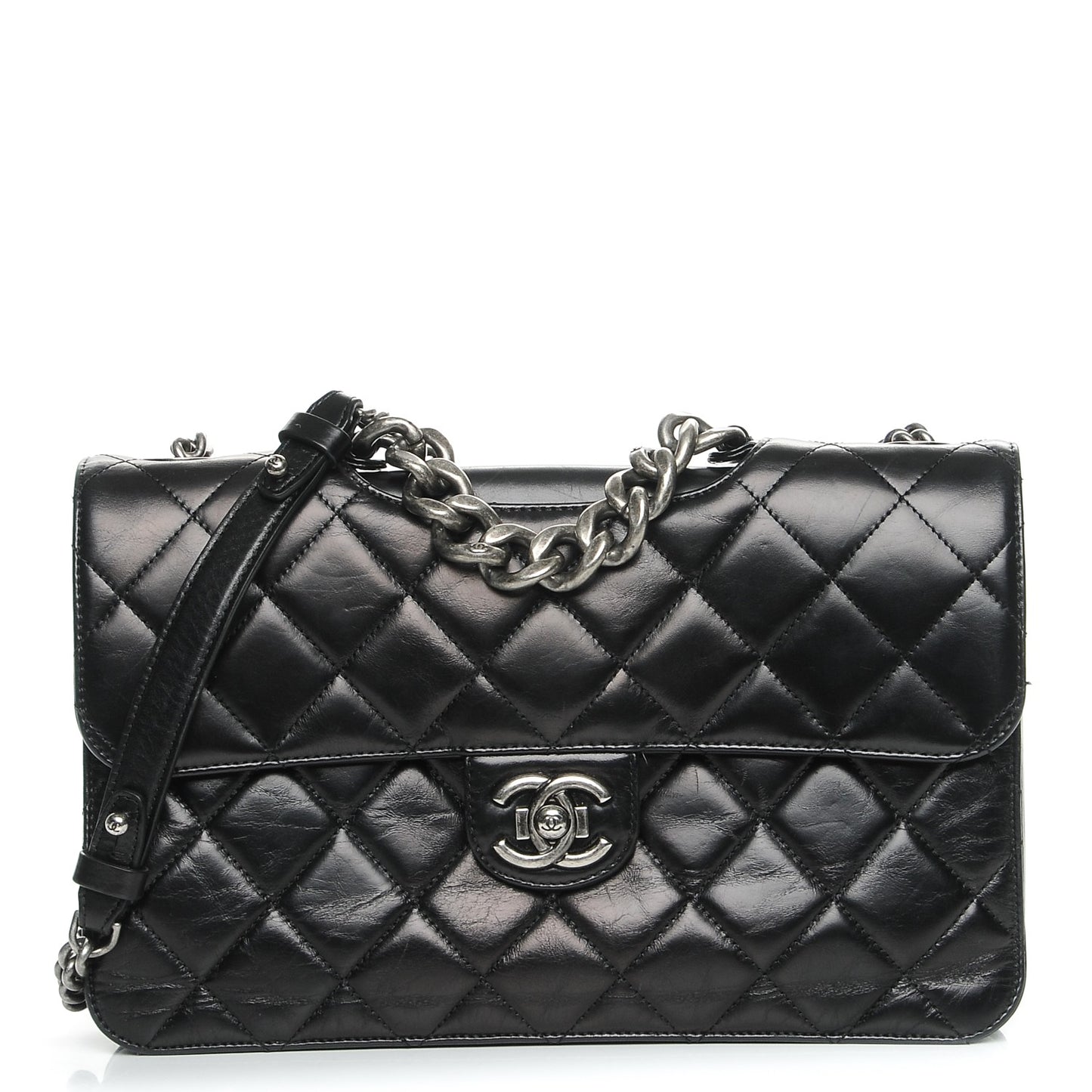 Calfskin Quilted Large Perfect Edge Flap Black