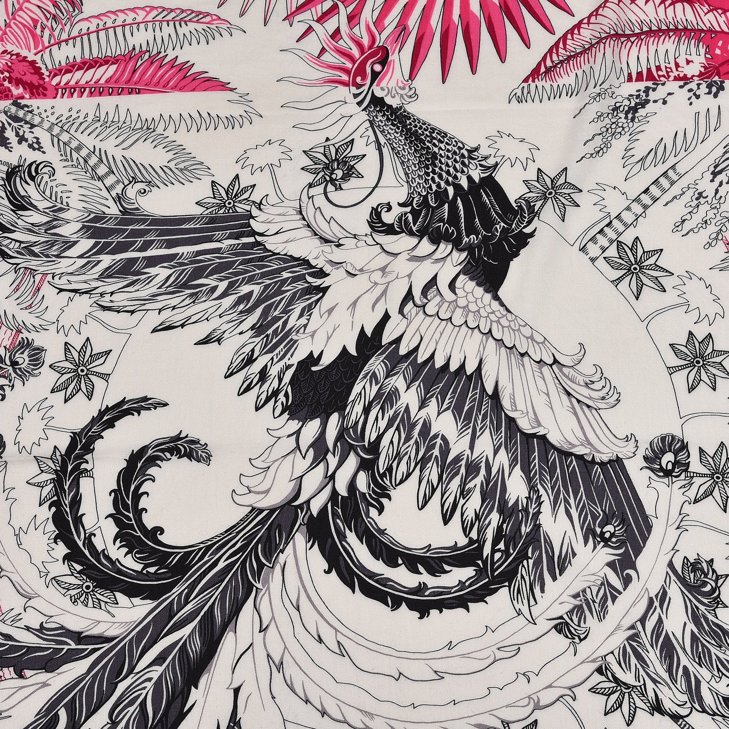Hermes Cashmere Silk Mythiques Phoenix Coloriage Shawl 140 White Rose Black 4 of 7