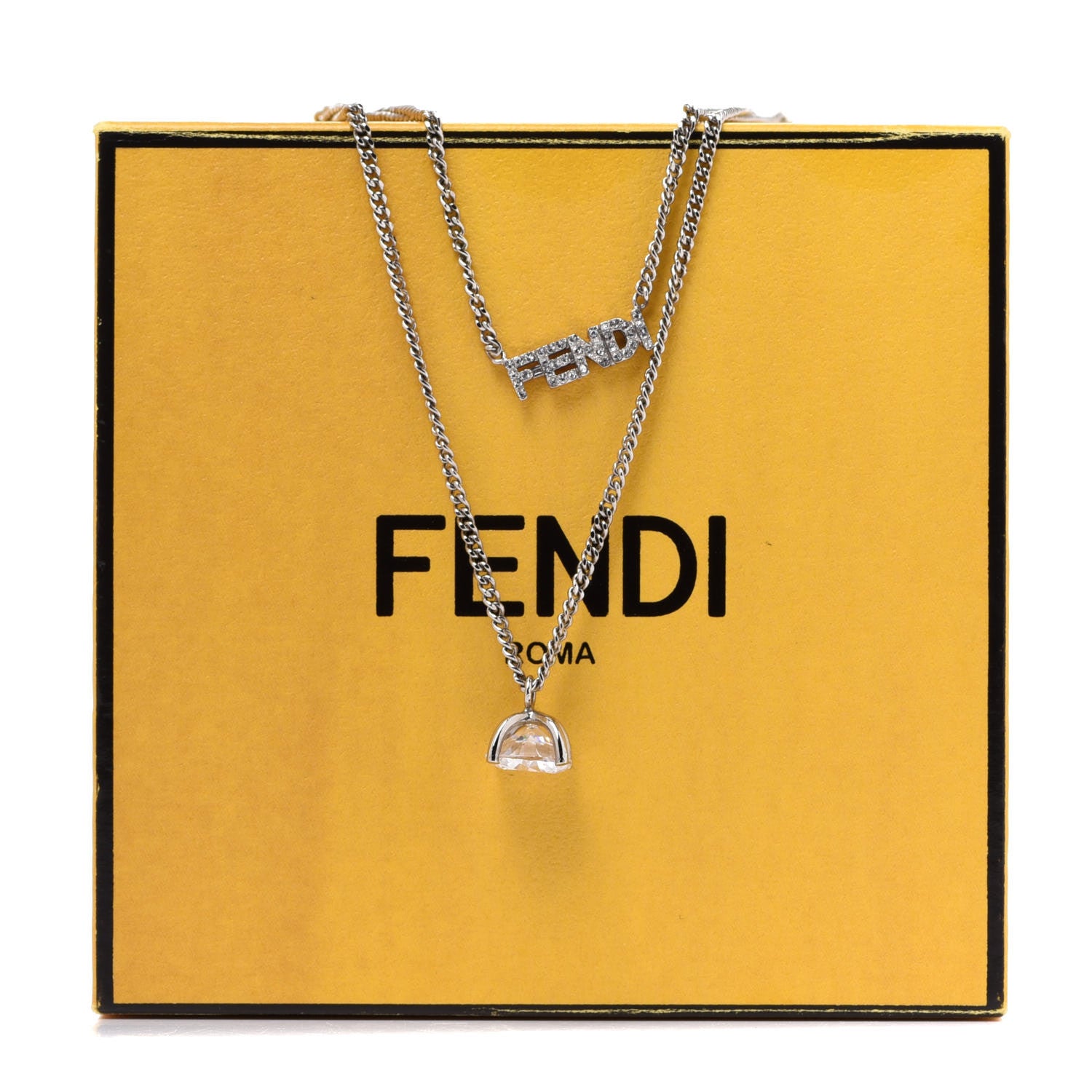 Fendi Metal Crystal Double Strand Logo Drop Necklace Silver 6 of 6