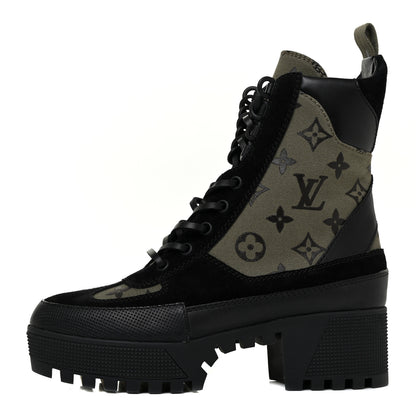 Louis Vuitton Suede Monogram Laureate Platform Desert Boots 37 Kaki Black 2 of 10