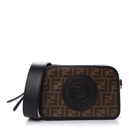Fendi Glazed Fabric Vitello Century F is Fendi FF 1974 Stamp Patch Camera Case Mogano Panna Black 1 of 13