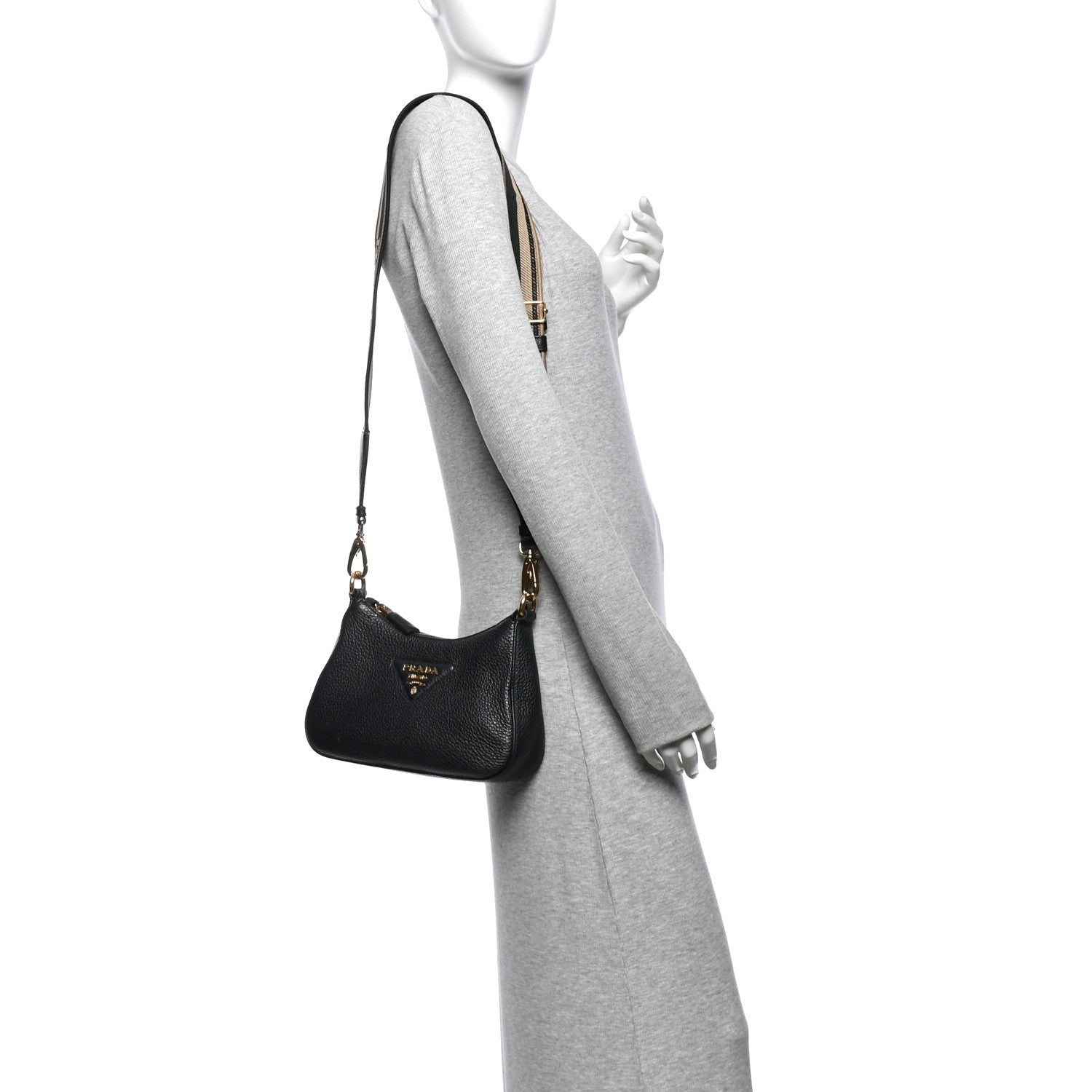 Prada Vitello Daino Soft Zippered Hobo Shoulder Bag Black 2 of 11