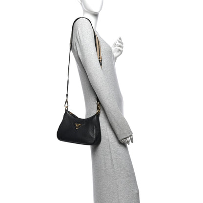 Prada Vitello Daino Soft Zippered Hobo Shoulder Bag Black 2 of 11