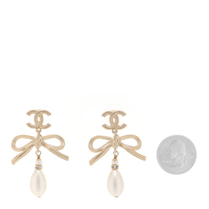 Chanel Pearl Crystal CC Bow Drop Earrings Gold Pearly White 2 of 5