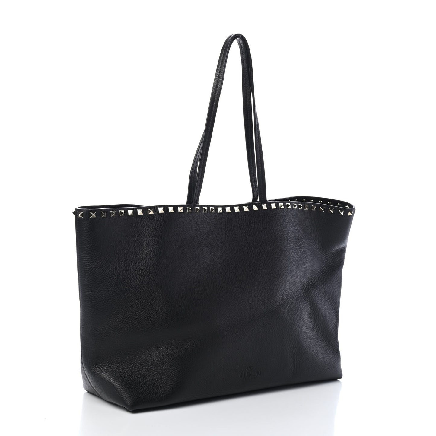 Grained Calfskin Rockstud Shoulder Tote Black