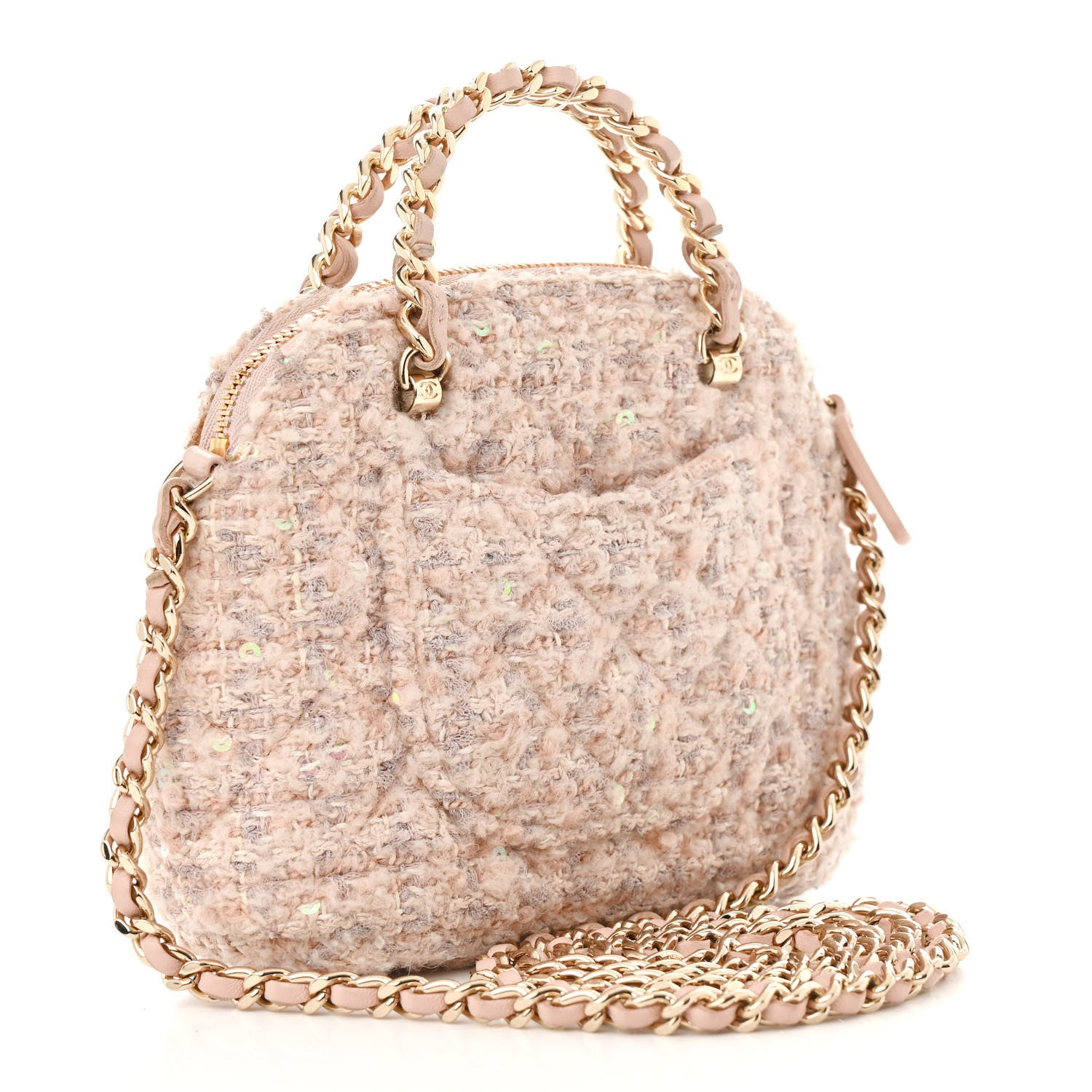 Chanel Cotton Wool Tweed Sequin Quilted Shiny Coco Clutch With Chain Light Pink Beige Ecru 3 of 12