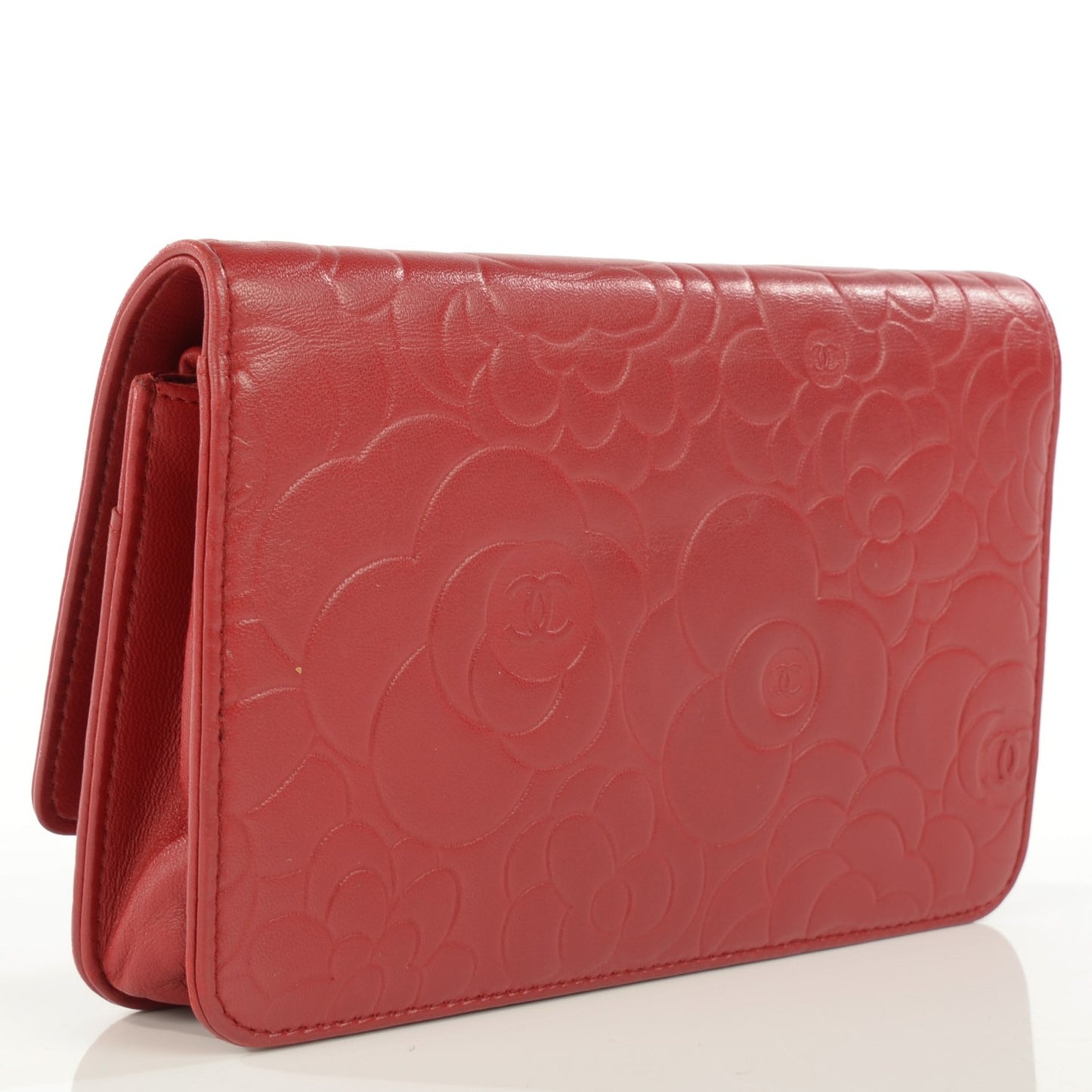 Lambskin Camellia Embossed Wallet On Chain WOC Red