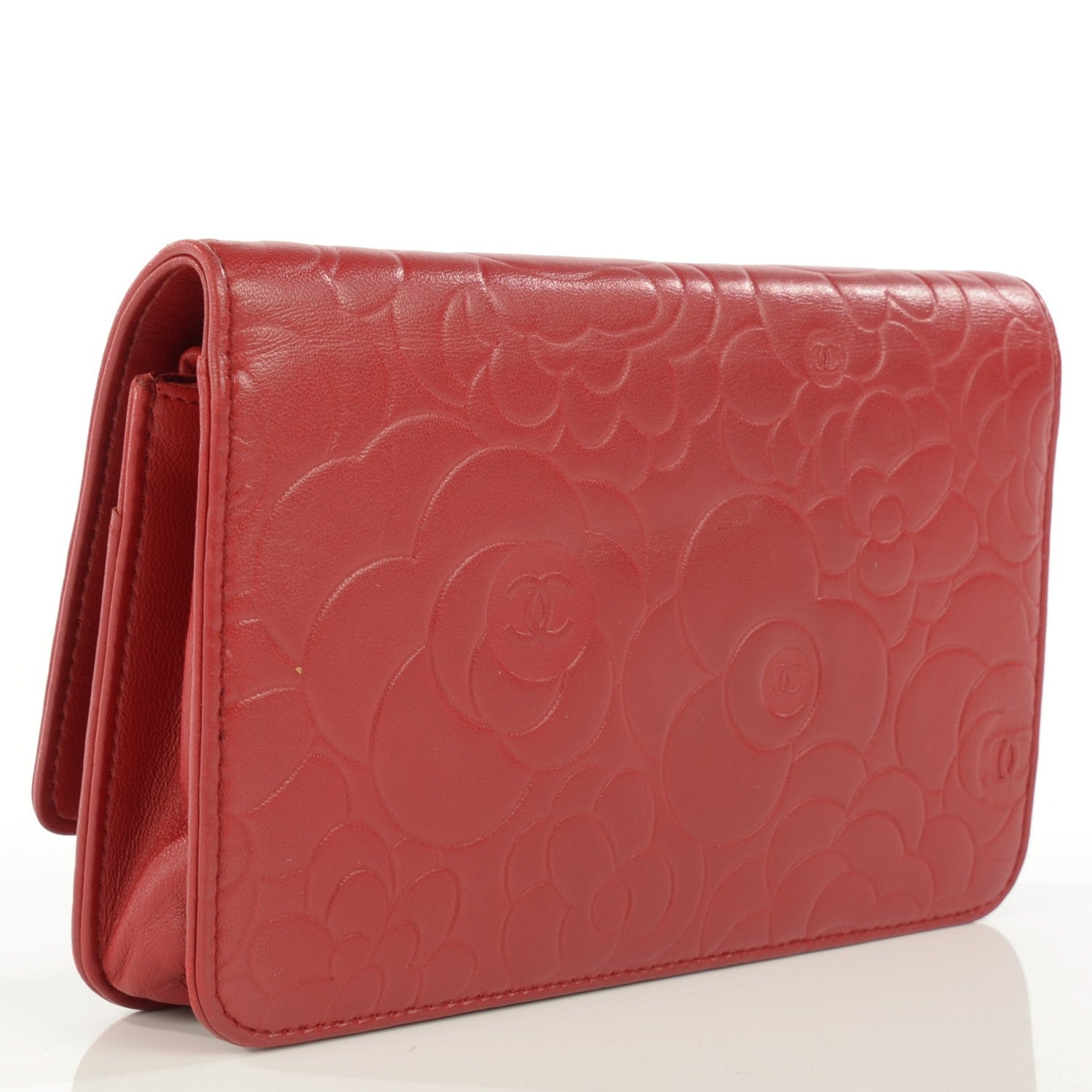Chanel Lambskin Camellia Embossed Wallet On Chain WOC Red 3 of 8