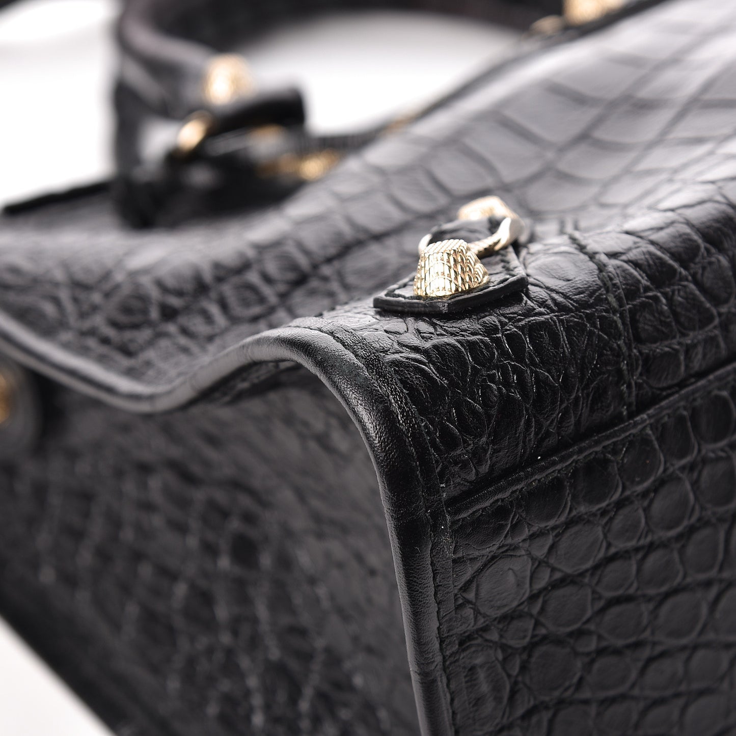 Calfskin Crocodile Embossed Giant 12 Gold Hardware City Black