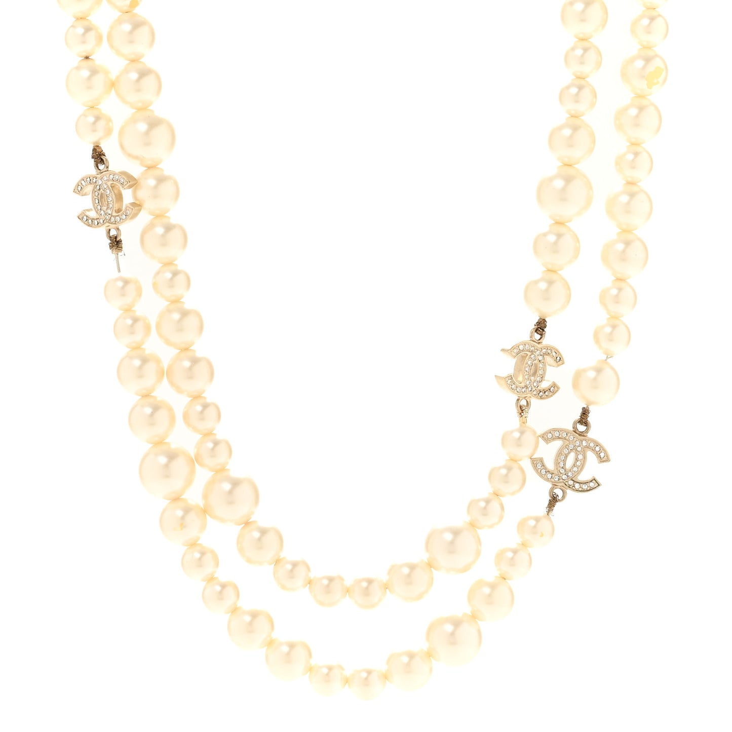 Graduated Pearl Crystal CC Long Necklace Light Gold