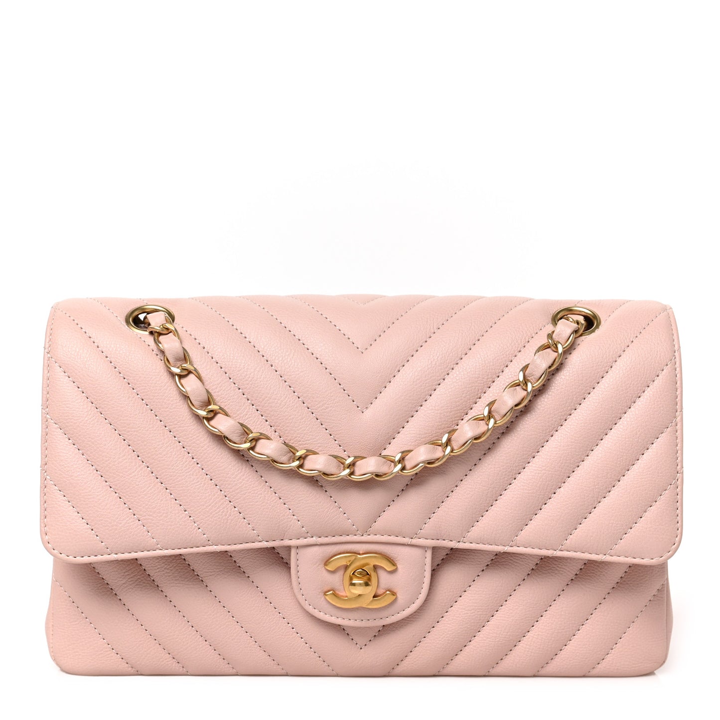 Calfskin Chevron Quilted Medium Double Flap Light Pink