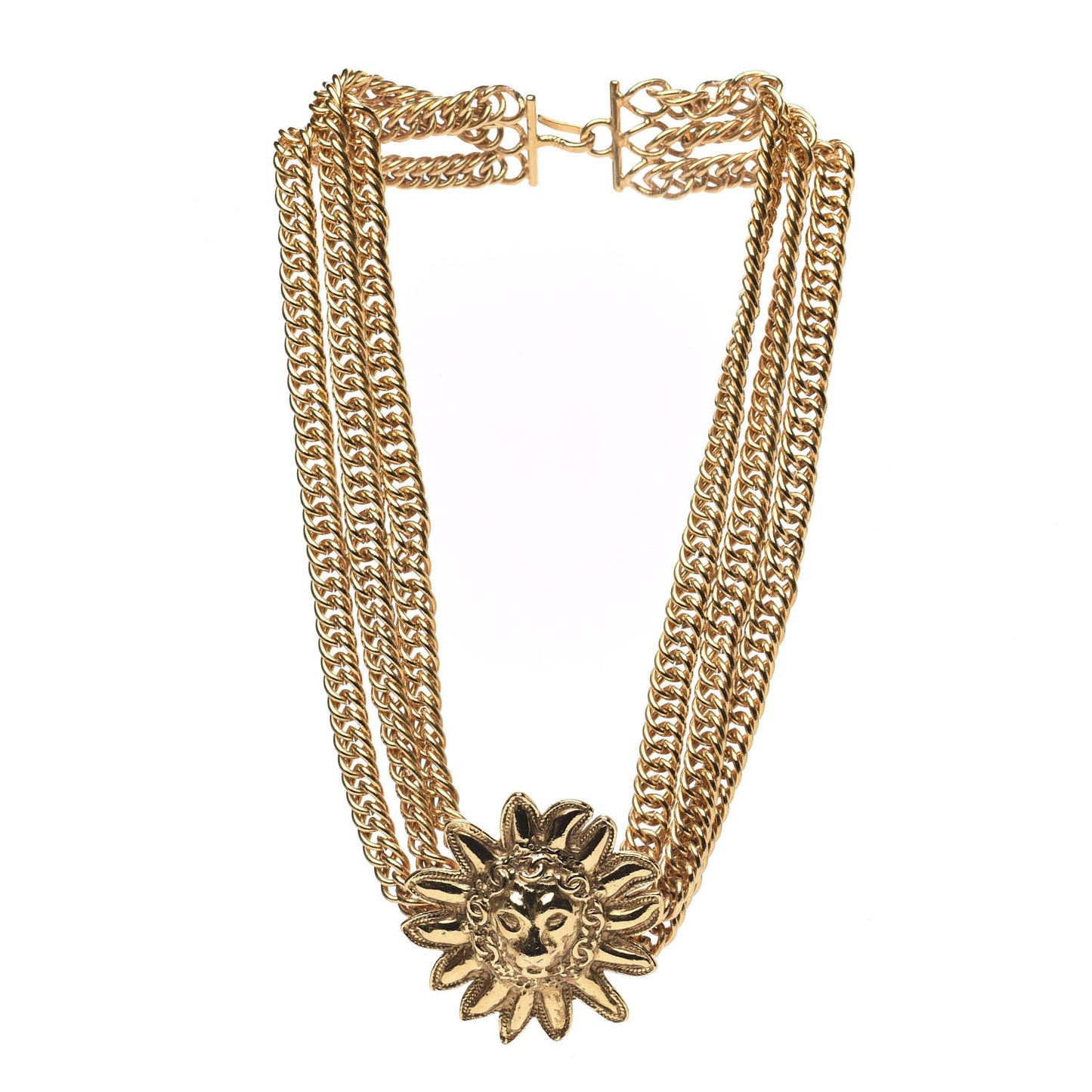 Multi Strand Chain Leo Lion Sun Medallion Necklace Gold