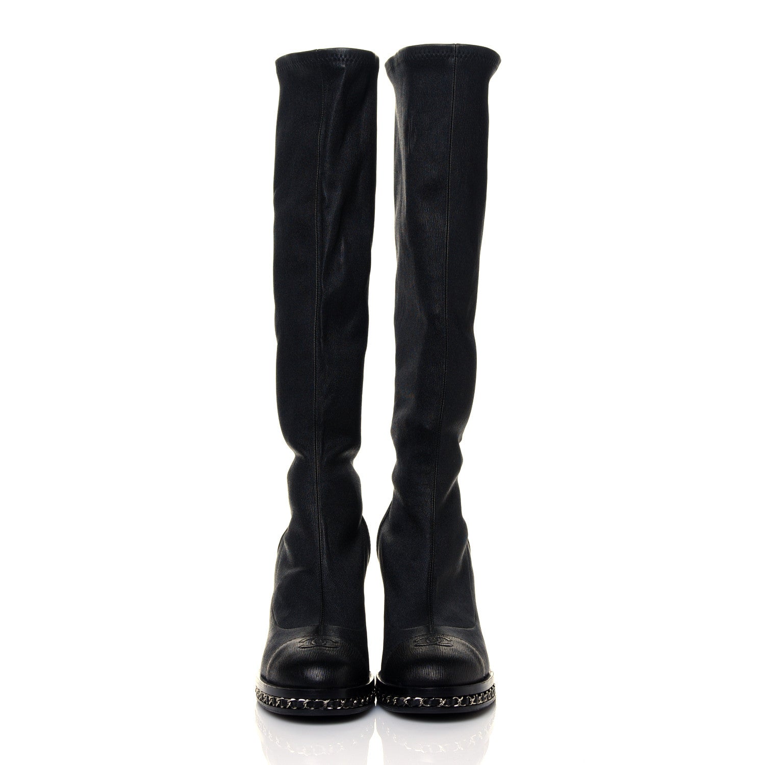 Chanel Fabric Grosgrain CC High Cap Toe Chain Boots 39.5 Black 2 of 7