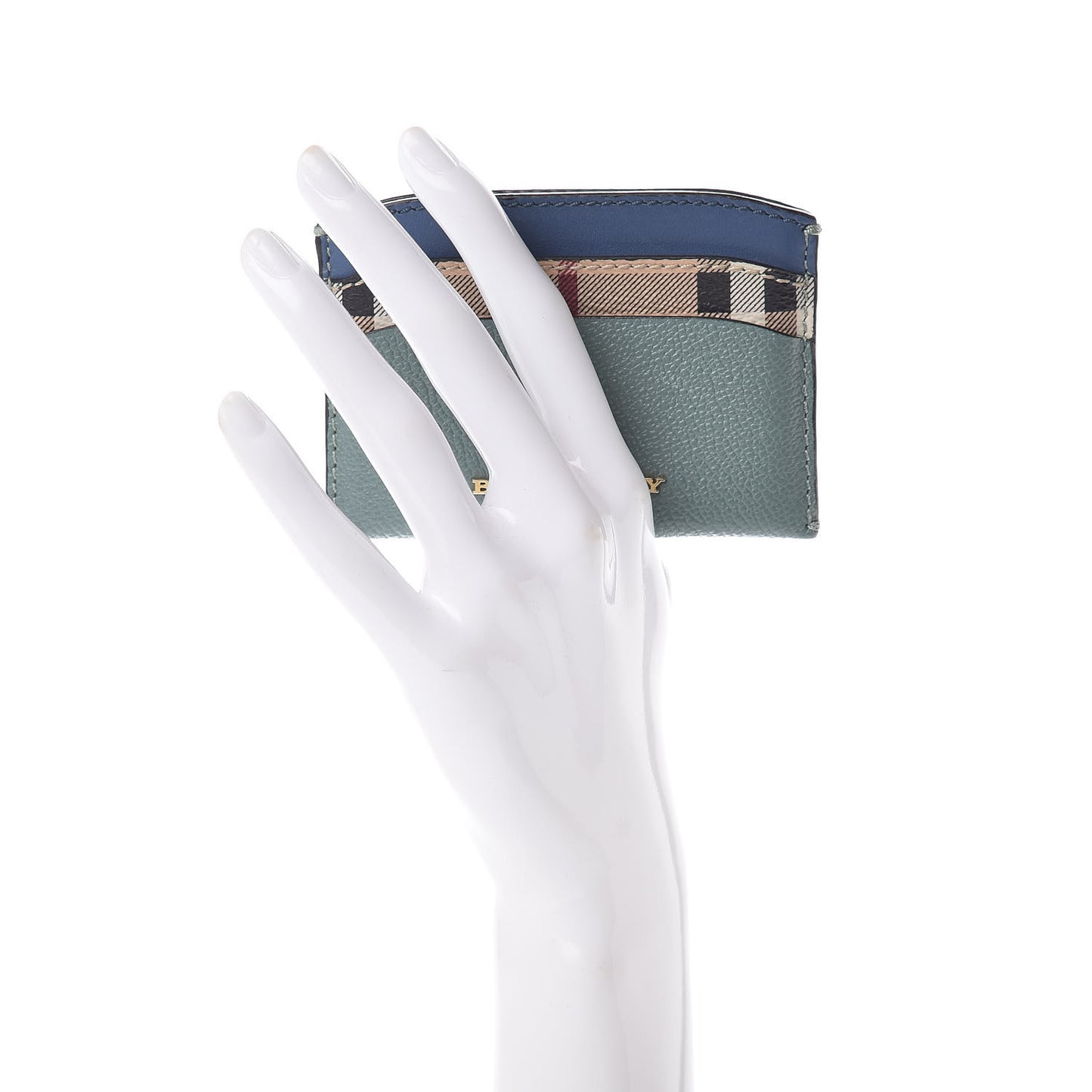 Soft Grain Calfskin Haymarket Check Izzy Card Case Celadon Blue