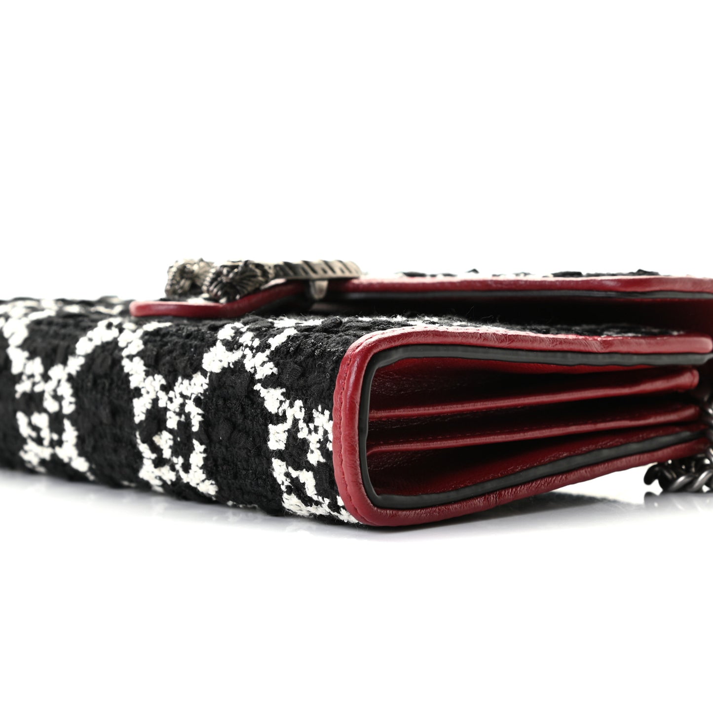 Tweed GG Monogram Mini Dionysus Chain Wallet Black White Romantic Cherry