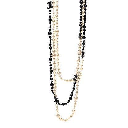 Chanel Pearl Bead CC Long Double Strand Necklace Black White 1 of 5