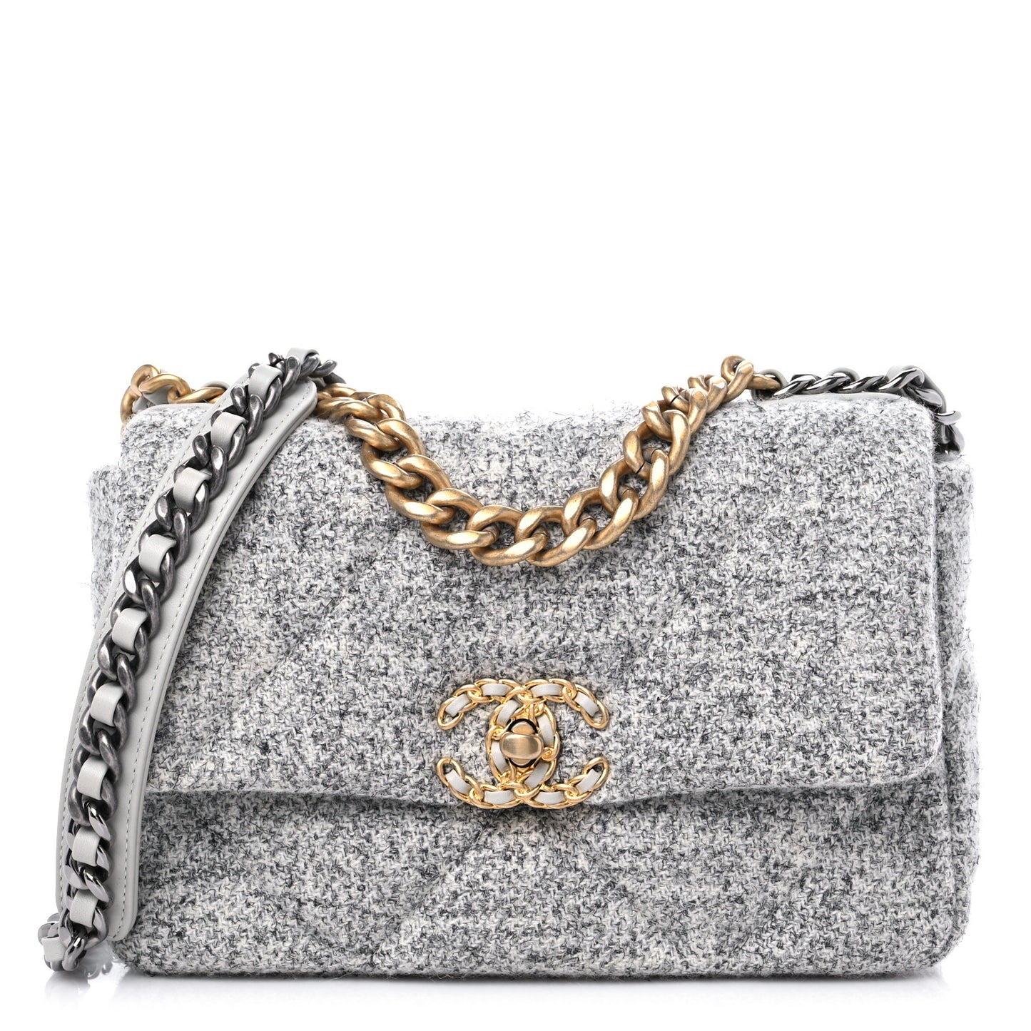 Tweed Quilted Medium Chanel 19 Flap Grey Ecru