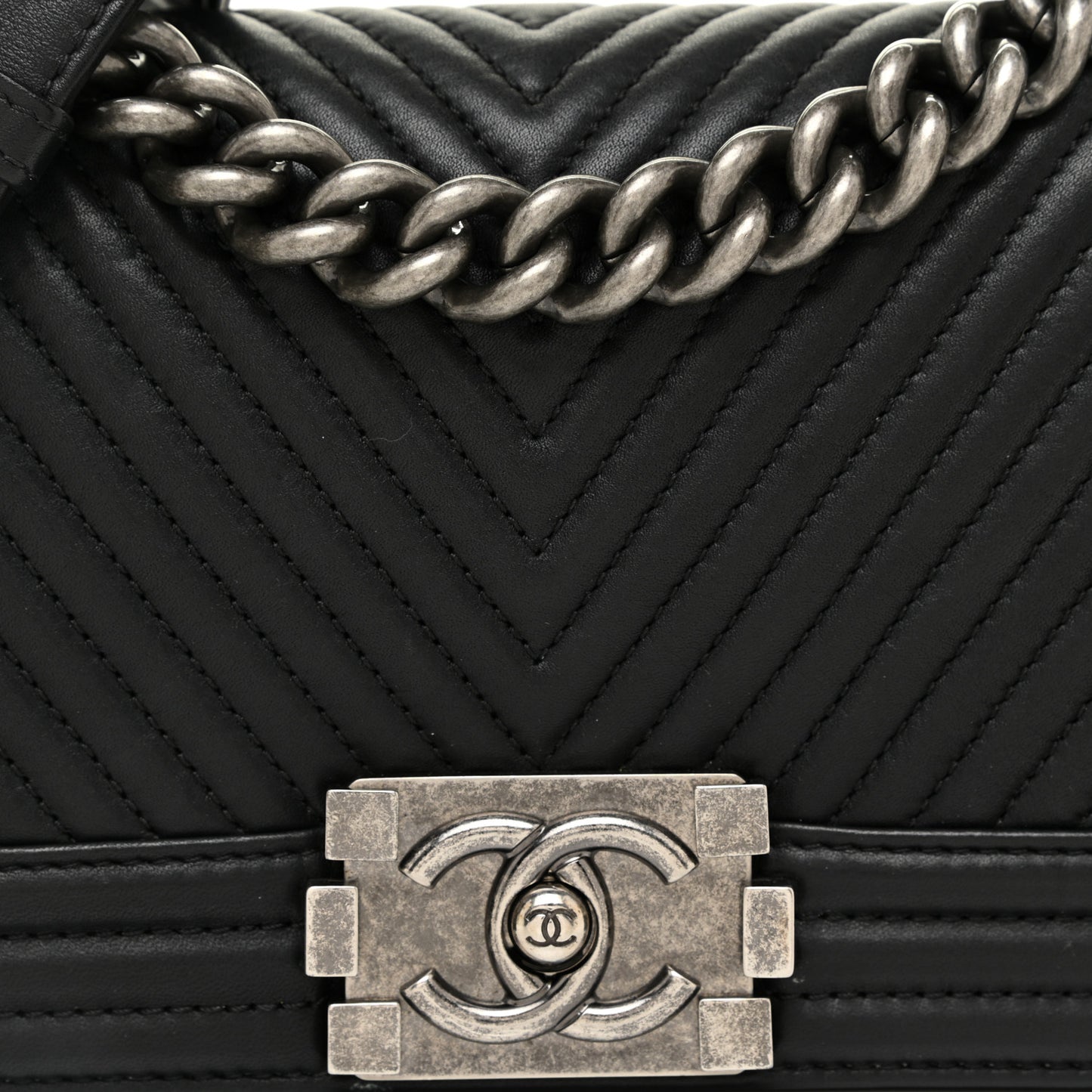 Calfskin Chevron Quilted Small Boy Flap Black