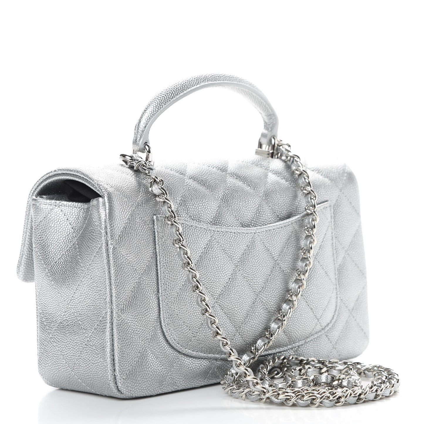 Metallic Caviar Quilted Mini Top Handle Rectangular Flap Silver