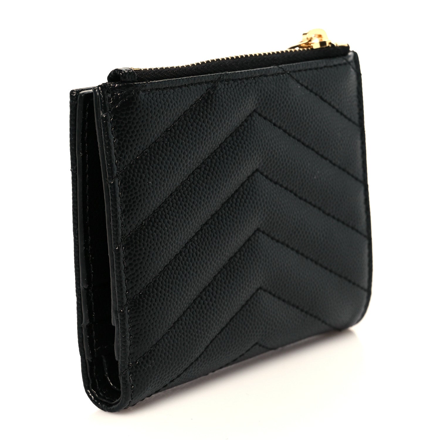 Saint Laurent Grain De Poudre Matelasse Chevron Monogram Zipped Card Case Black 3 of 10