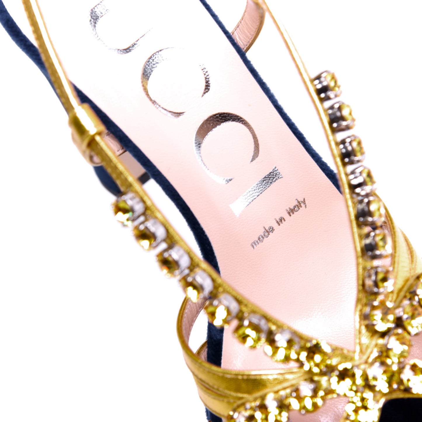 Velvet Nappa Crystal Zephyra Slingback Platform High Heel Sandals 36.5 Blue Gold