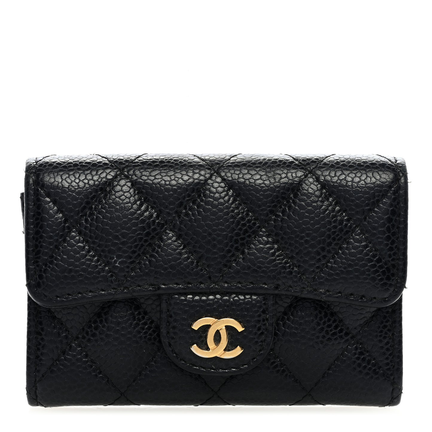 Caviar Quilted Flap Card Holder Wallet Black