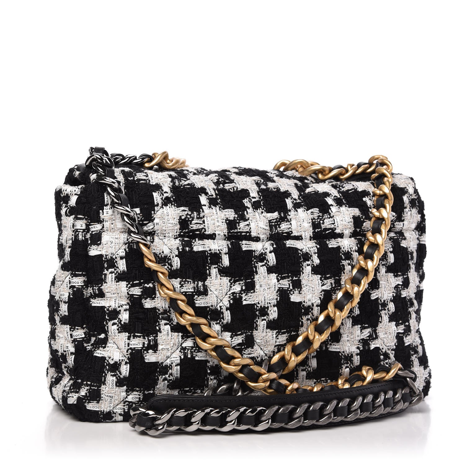Chanel Tweed Quilted Large Chanel 19 Flap Black Ecru White 3 of 11