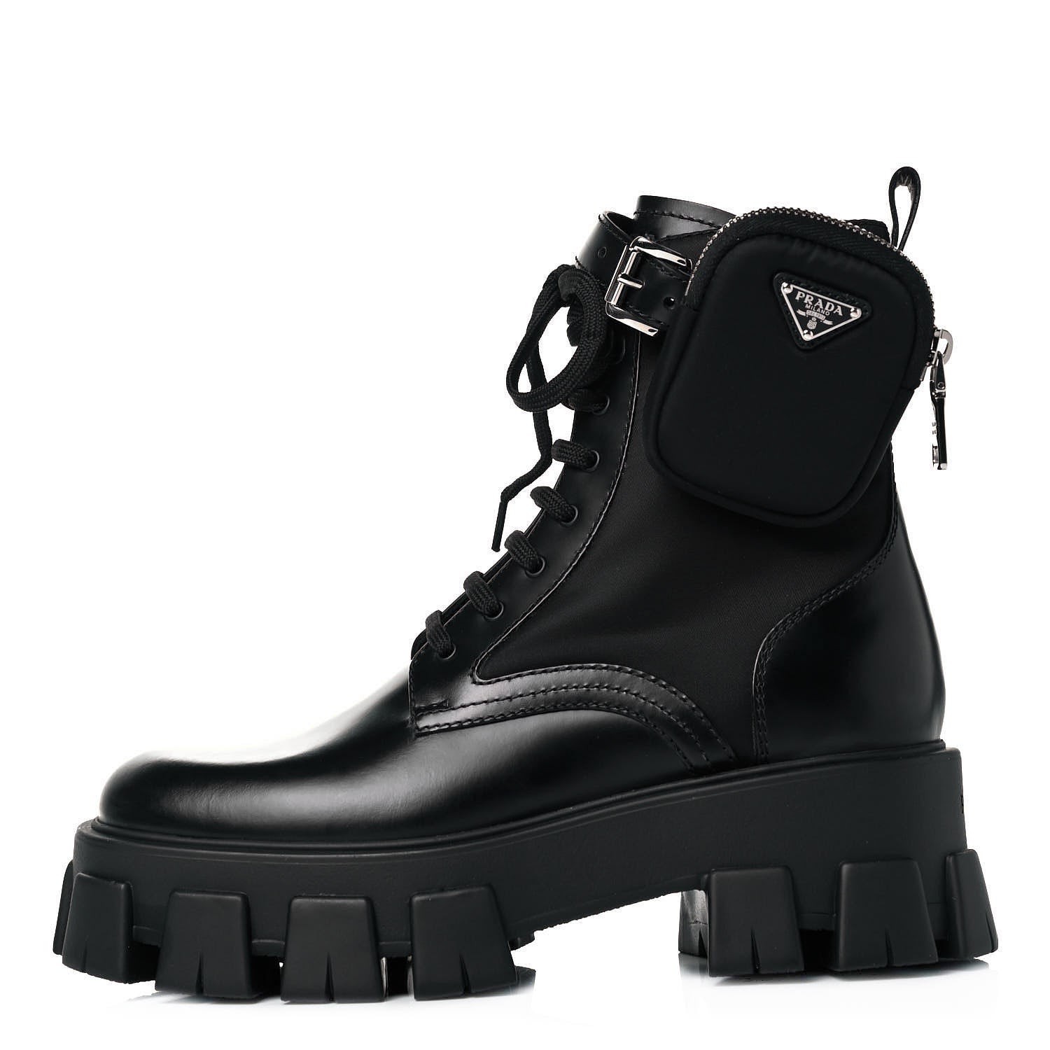 Prada Spazzolato Rois Nylon Metal Triangle Logo Monolith Pouch Pocket 55mm Boots 38.5 Black 1 of 6