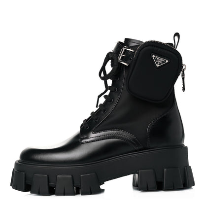 Prada Spazzolato Rois Nylon Metal Triangle Logo Monolith Pouch Pocket 55mm Boots 38.5 Black 1 of 6