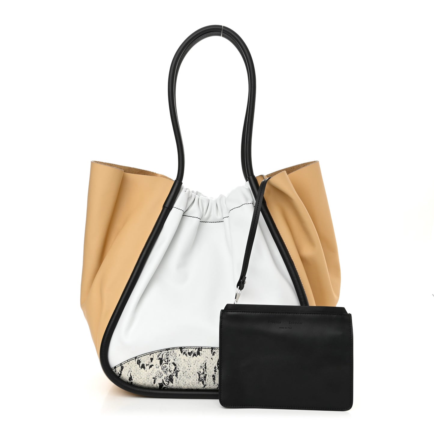 Calfskin Snakeskin Embossed XL Ruched Tote Beige White