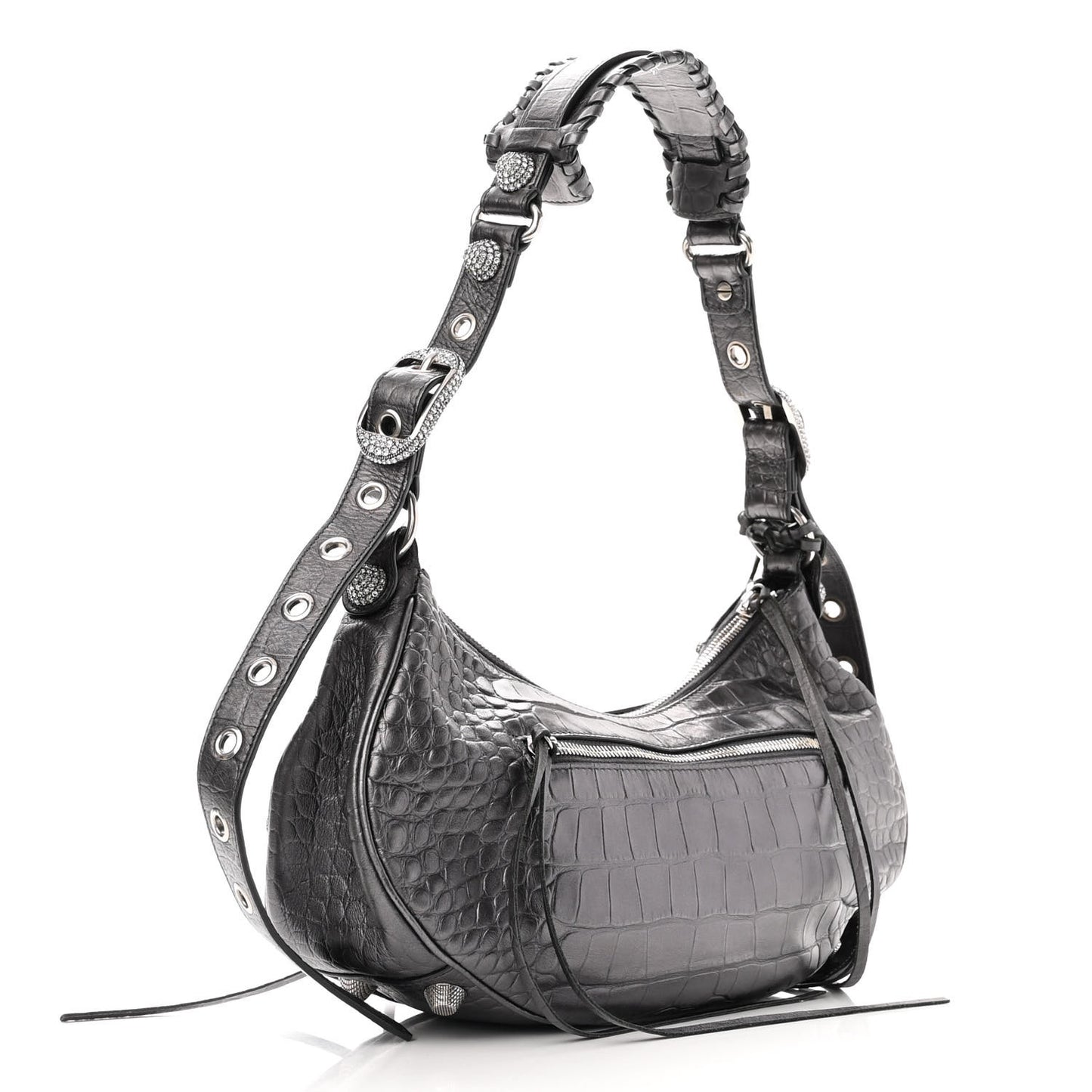 Metallic Calfskin Crocodile Embossed Crystal Small Le Cagole Shoulder Bag Gunmetal
