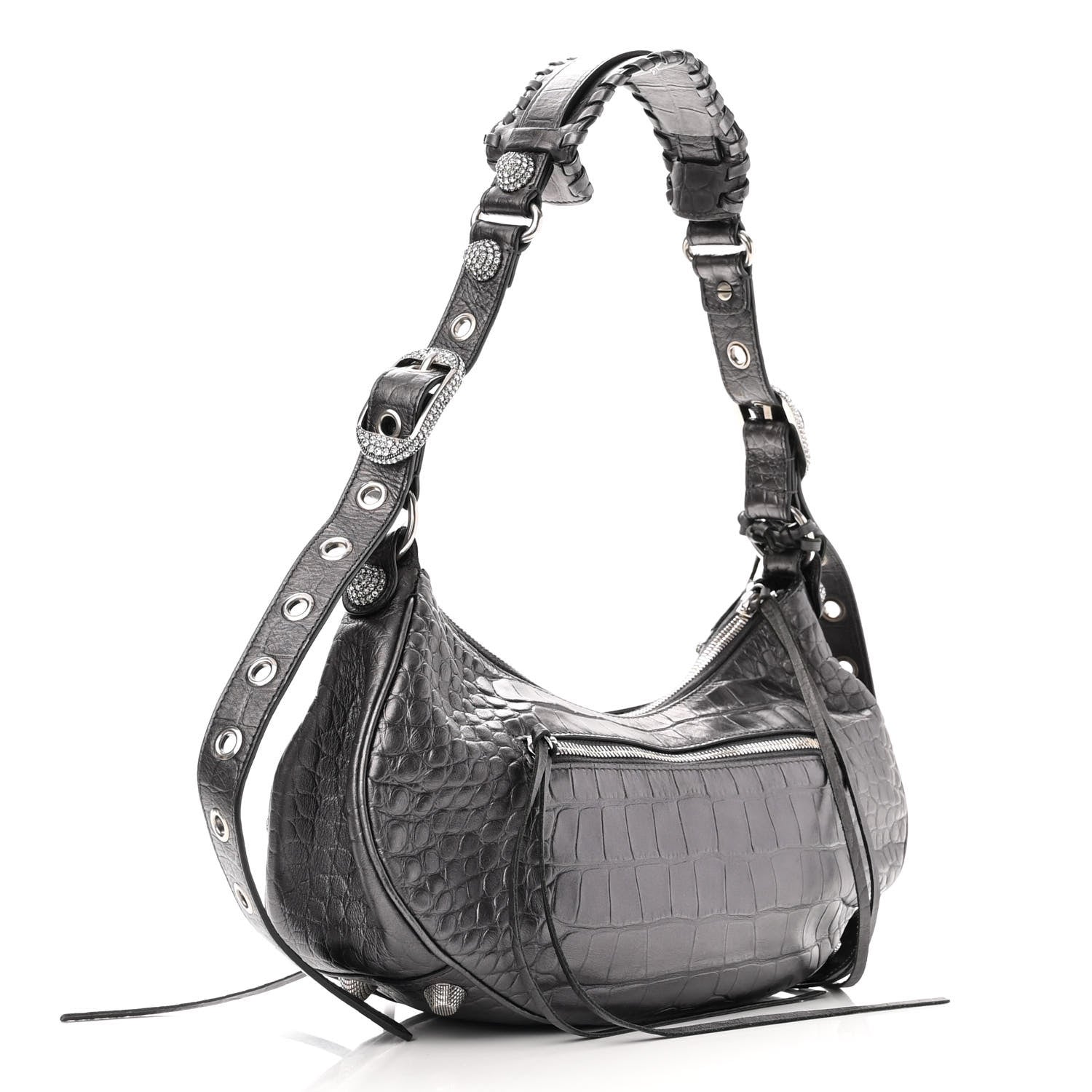 Balenciaga Metallic Calfskin Crocodile Embossed Crystal Small Le Cagole Shoulder Bag Gunmetal 3 of 19