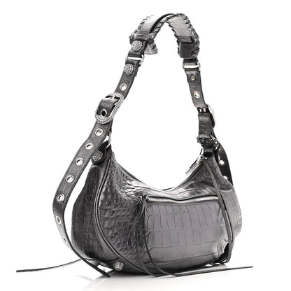 Balenciaga Metallic Calfskin Crocodile Embossed Crystal Small Le Cagole Shoulder Bag Gunmetal 3 of 19