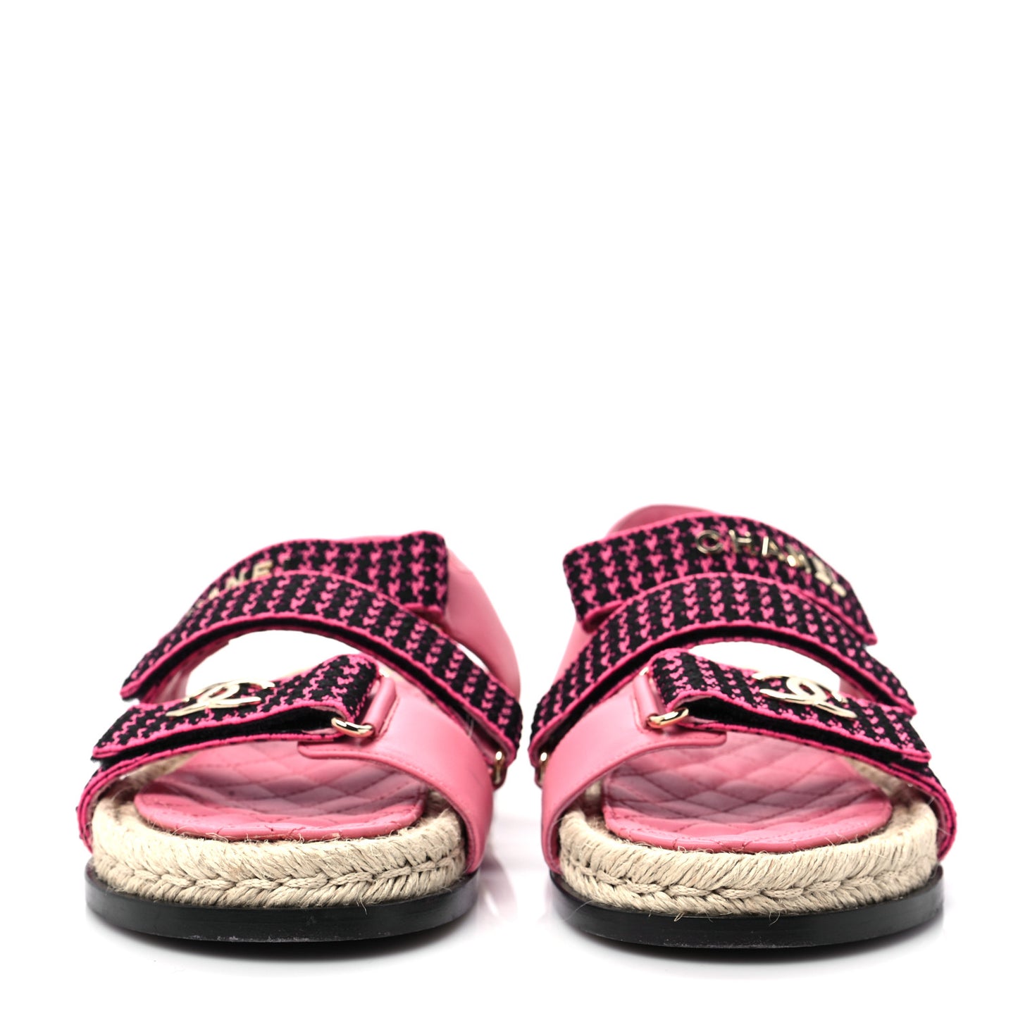Stretch Fabric Lambskin CC Flat Sandals 37 Pink Black